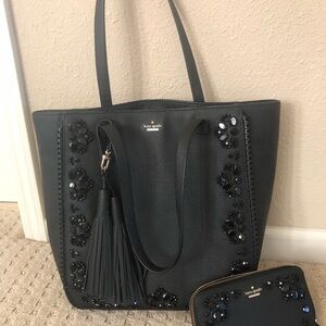 kate spade Black Beaded Leather Tote with Tassel bag with matching wallet. EUC